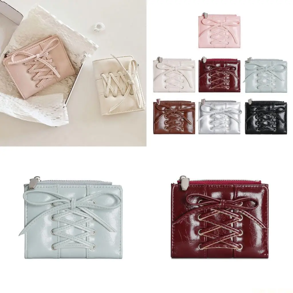 

X90D Simple Change Purse PU Leather Wallet Card Holder Lovely Bows Short Purse