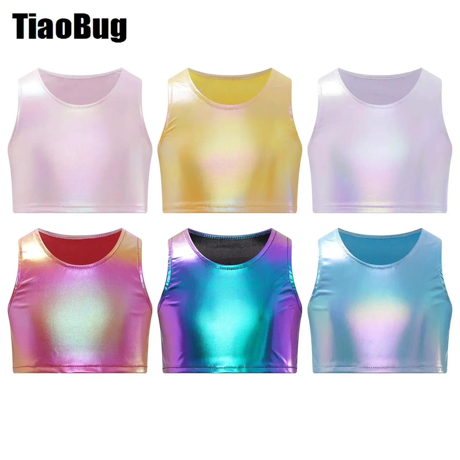 

Kids Girls Metallic Jazz Vest Sleeveless Crop Tank Top Dance Cheerleading Stage Performance Costume