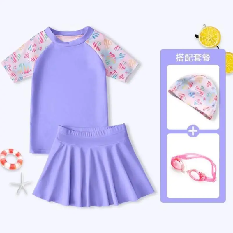 Summer Children's Swimsuit Cute Girls Short Sleeve Beachwear Quick Dry Swimwear Teenage Beach Vacation Swim Suit Sun Protection