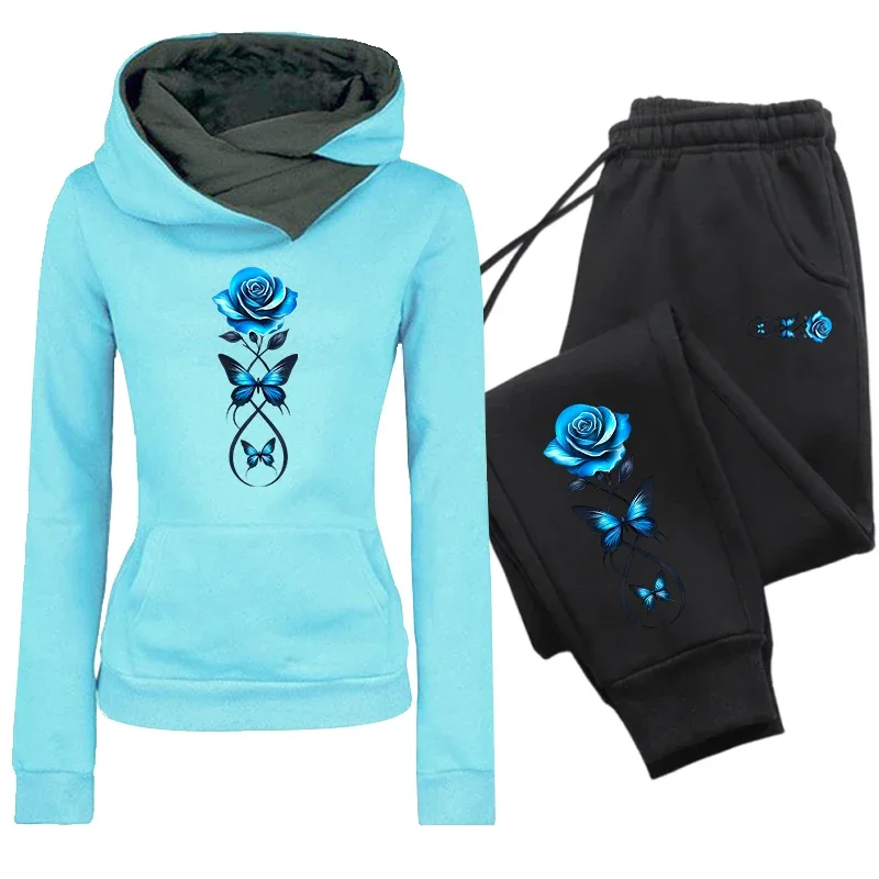 Autumn Winter Female Daily Casual Sports Outfit Women's Set/Hoodie/Pants Fashion Flower Tracksuit Hooded Sweatshirt Sweatpants