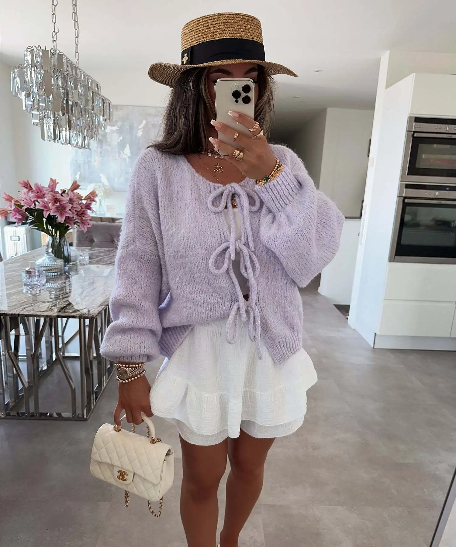 Crewneck Lace-Up Knitted Cardigan Jacket Autumn and Winter New Solid Color Commuter Simple Sweater for Women Ropa Mujer