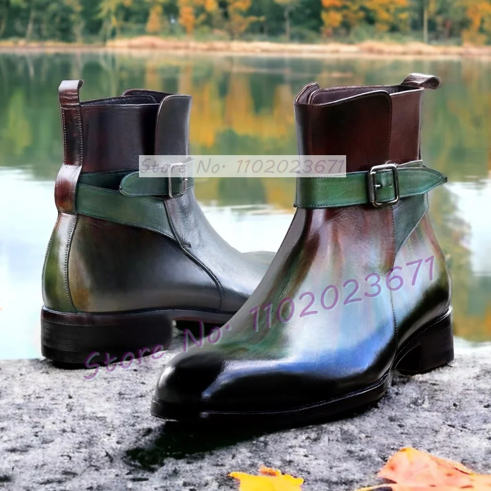 Men\'s Green Calf-Skin Leather Jodhpur Boots Polished Color Buckle Strap Party Shoes Fashion Slip On Gentleman Chelsea Boots