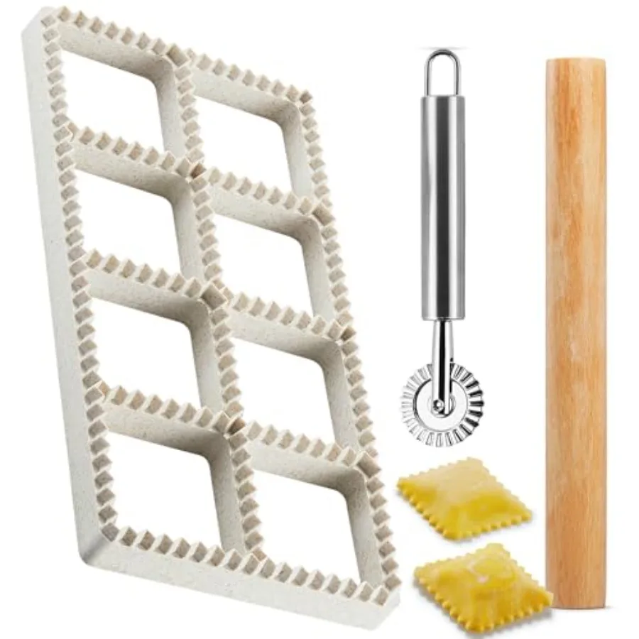 

Ravioli Maker Press Ravioli Press Mold Set - Squares Ravioli Stamp Maker Cutter with Wood Rolling Pin and Ravioli Wheel Ravioli