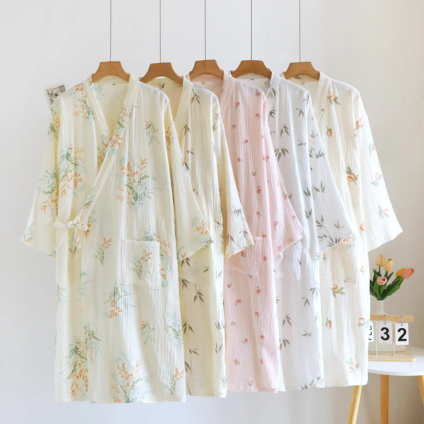 Dressing Gown For Women Spring Autumn Cotton Double Gauze Kimono Long Bathrobe Vintage Loose Ladies Morning Robe Home Wear