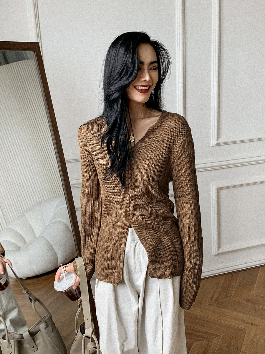 

Early Spring Design Feeling Small Vneck Split Lazy Hook Weaving Long Sleeve Loose Knitted Shirt Top for Women