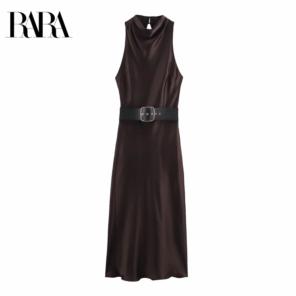 2025 RARA ربيع جديد ملابس نسائية كومة طوق بلا أكمام مع حزام نسيج الساتان فستان حريري مثير #1