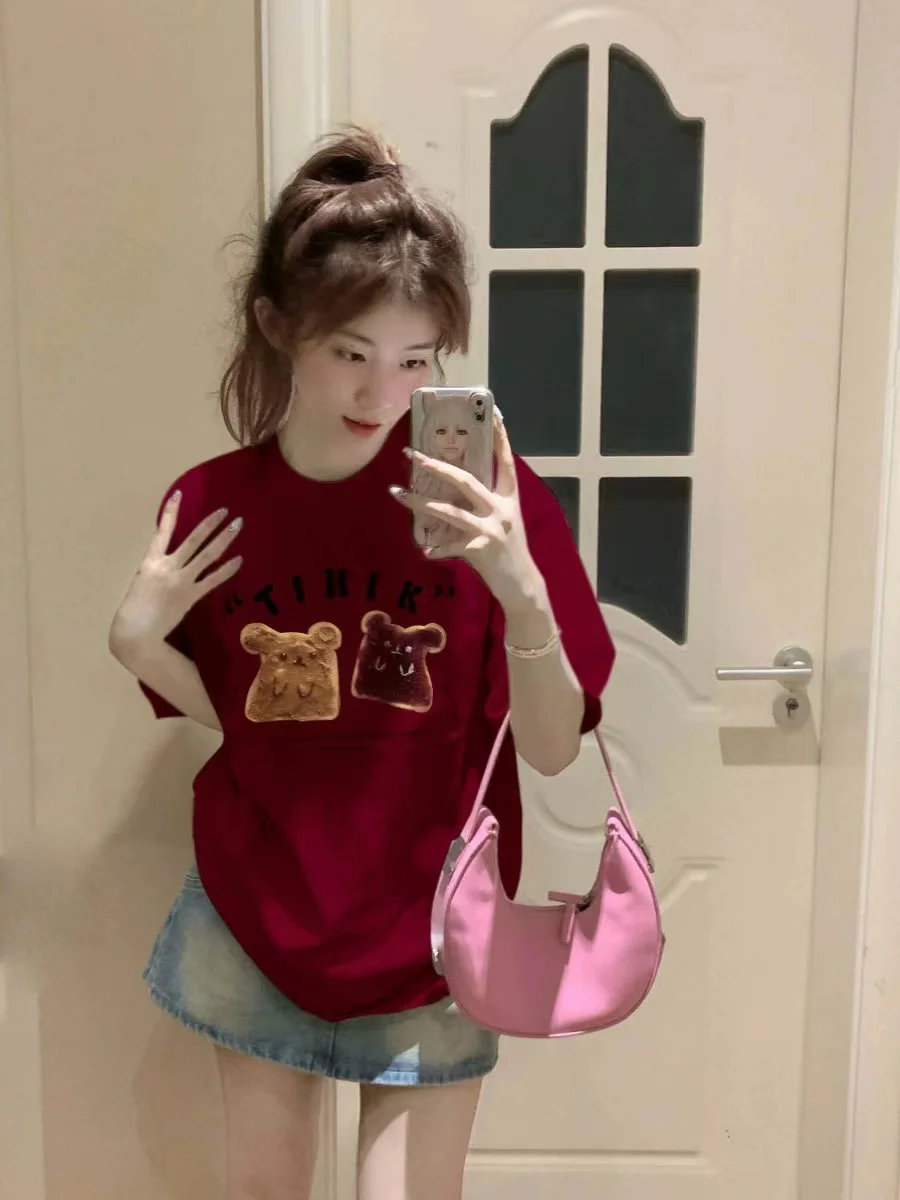 Red Oversize Casual Short Sleeve T-Shirt Women's Spring Summer New Year Atmosphere Sensation Loose Fit round Neck Cotton Top