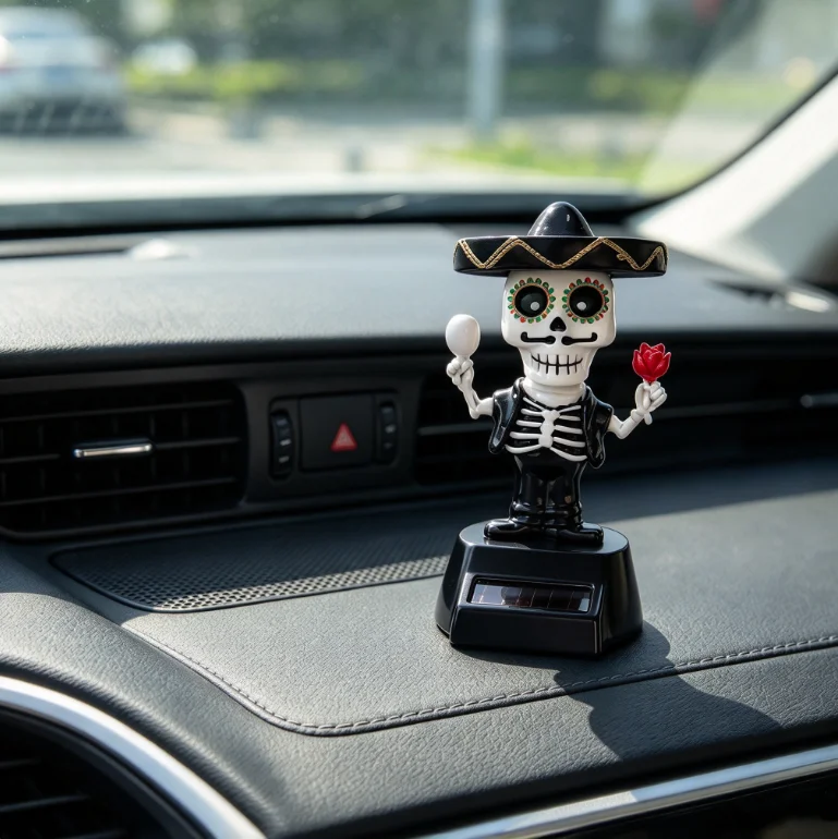 For Universal Solar Powered Dancing Skeleton Doll Dashboard Ornament Car Decoration Cute Halloween Shaking Head Figurine No Batt
