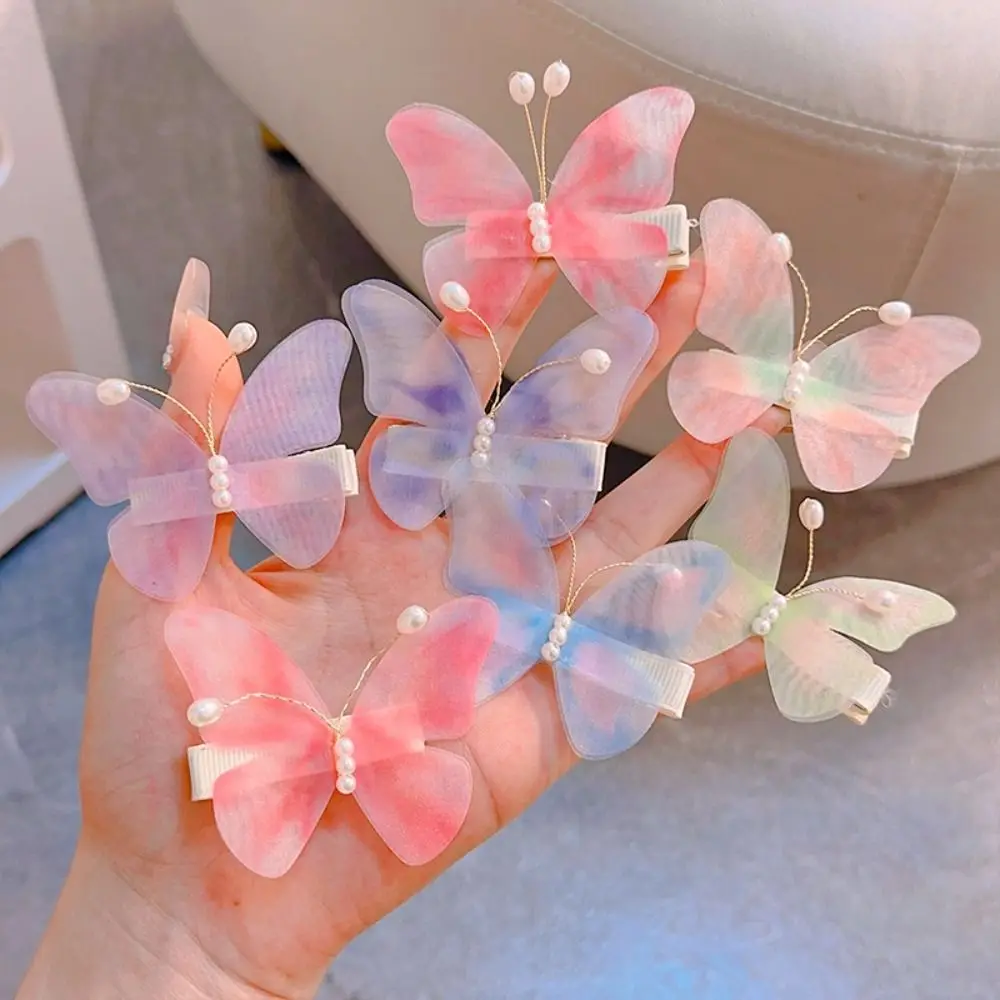 Pearl Butterfly Hair Clip Elegant Mesh Gradient Hanfu Hairpin Hair Ornaments Hair Accessories Children Barrette Daily Life