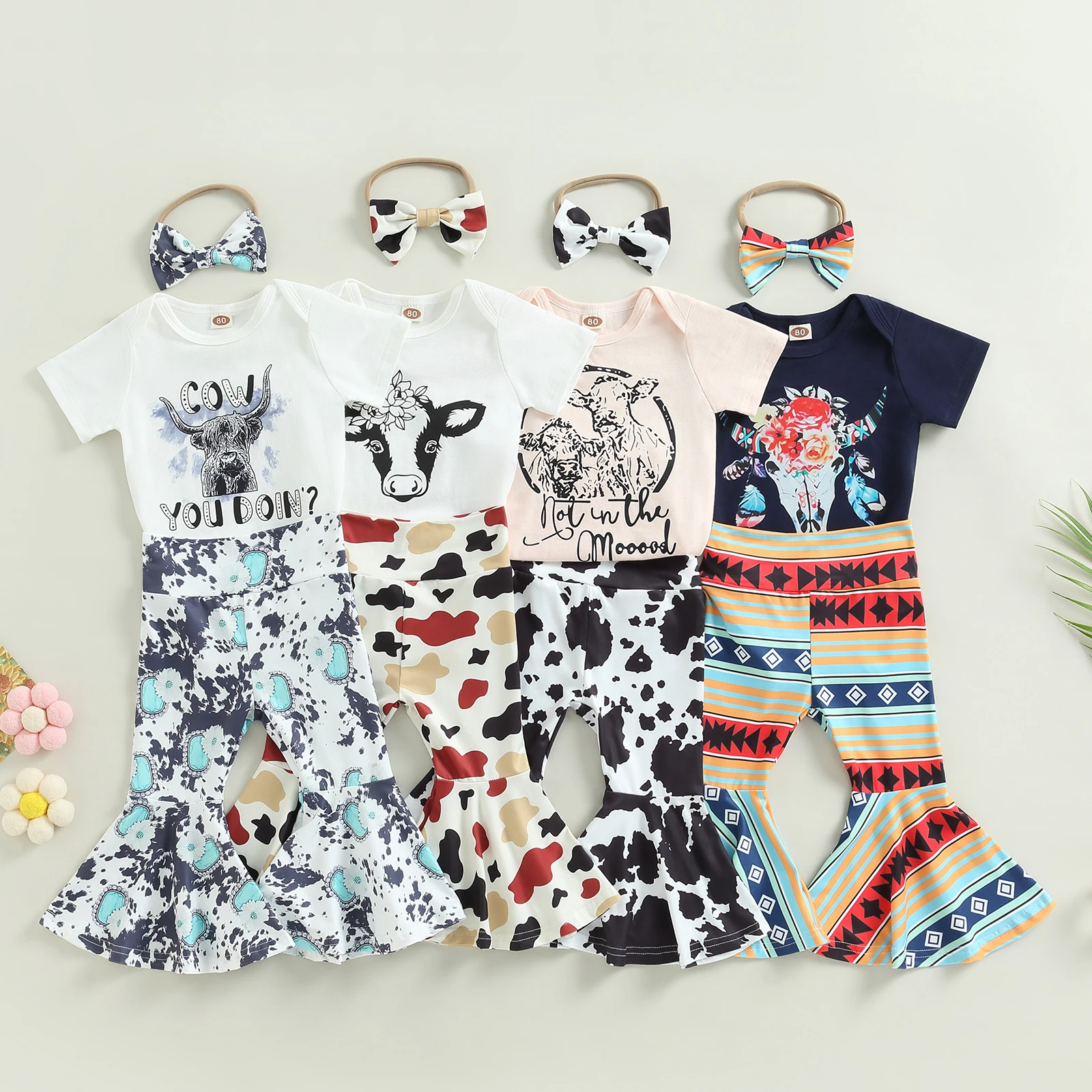 

2022-12-14 Lioraitiin 0-24M Toddler Girls 3Pcs Clothes Short Sleeve Bull Head Bodysuit Tops Bell-Bottoms Pants HeadBand