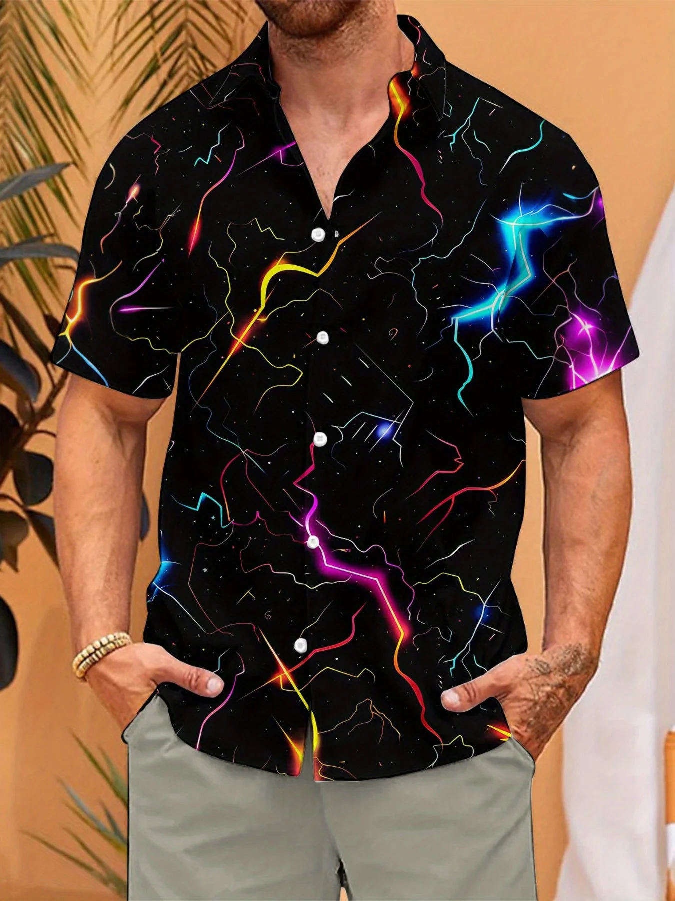 Men's Shirt Colorful Lightning Galaxy Print Short Sleeve Lapel Button Shirts Summer Beach Vacation Casual Tops Men Clothing