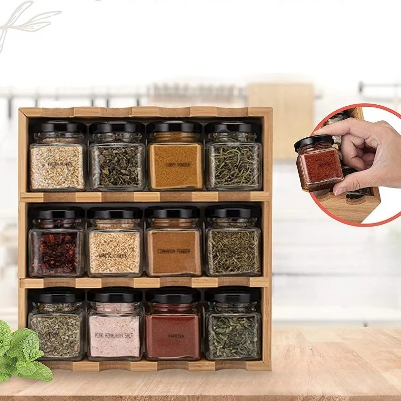 Wooden Kitchen Organizer 12-Grid Multi-Layer Spice Rack Home Essentials Multi-Function Condiment Storage Shelf with Storage Jars