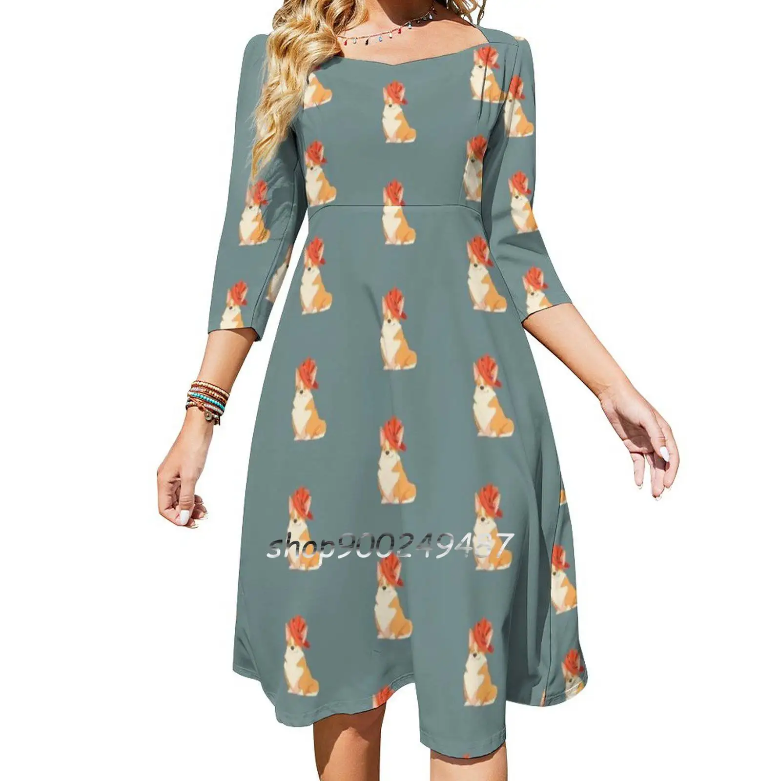 Queen Corgi Flare Dress Square Neck Dress Elegant Female Fashion Printed Dress Corgi Dog Queen Puppy Pembroke Pembrokecorgi