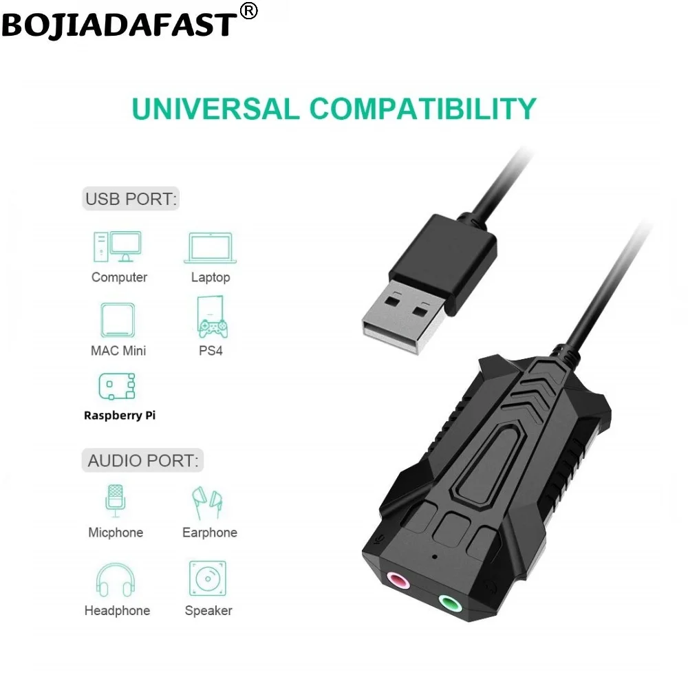 Placa de som de áudio HD USB 2.0 Conenctor com cabo de extensão para computador laptop PS4 MAC-Mini Raspberry Pi