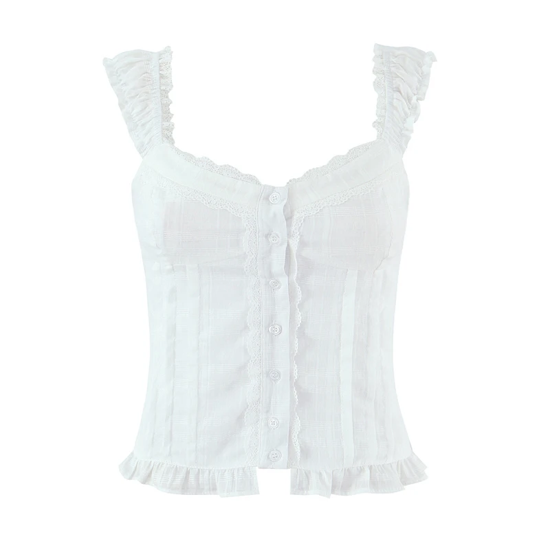 YENKYE Lace Trim Wood Ears Sexy Sweet White Tank Top For Girls New 2026 Button-Front V Neck Slim Summer Crop Tops
