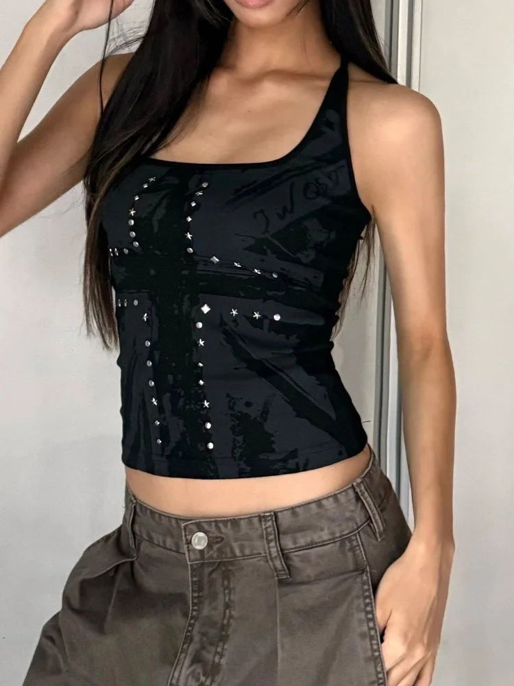 2026 Sommer Damen Punk Rave Festival Distressed Graffiti Print Metall-Stern-Nieten Quadratischer Ausschnitt Racerback Bodycon Crop Tank Top – Detail 2