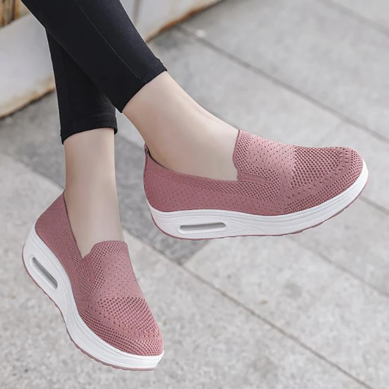 Women Wedge Platform Air Cushion Flying Weaving Heighten Slip-ons Fashion Breathable Mesh Lightweight Shoes