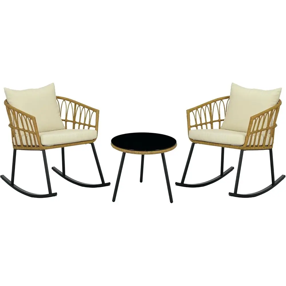 

3-Piece Outdoor Rocking Chair Set with 2 Rockers, Glass Top Table, Cushions, Cream White