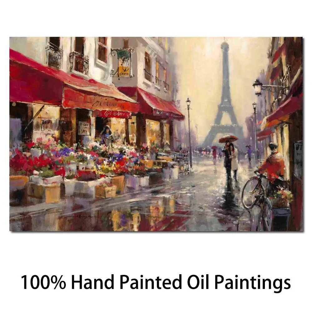 

Canvas Wall Art Landscape Handmade Oil Painting Impressionist French April in Paris Modern Street Artwork for Home Decoration