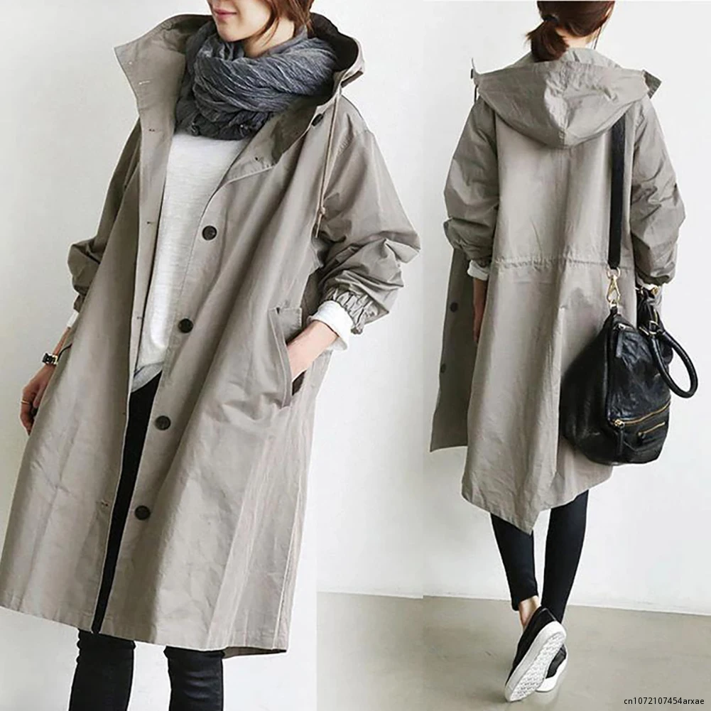 Women Autumn Solid Color Pocket Hooded Windbreaker Long Trench Coat Outerwear Women's Clothing Femme Veste