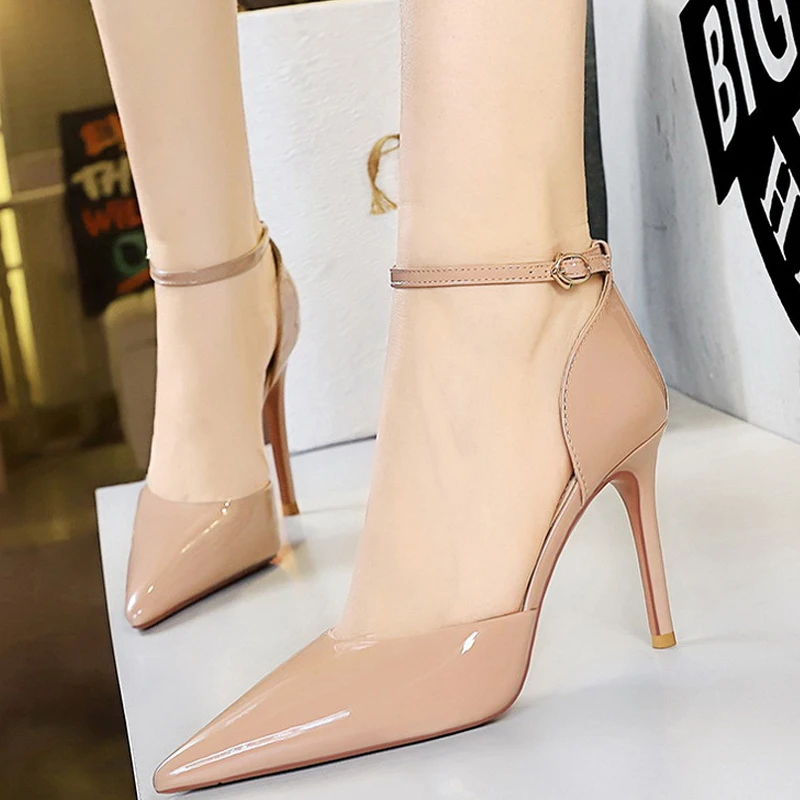 Large Size 43 Women Sandals Patent Leather High Heels Women Summer Shoes Hollow Out One Line Sandals With Strap Stilettos Pumps