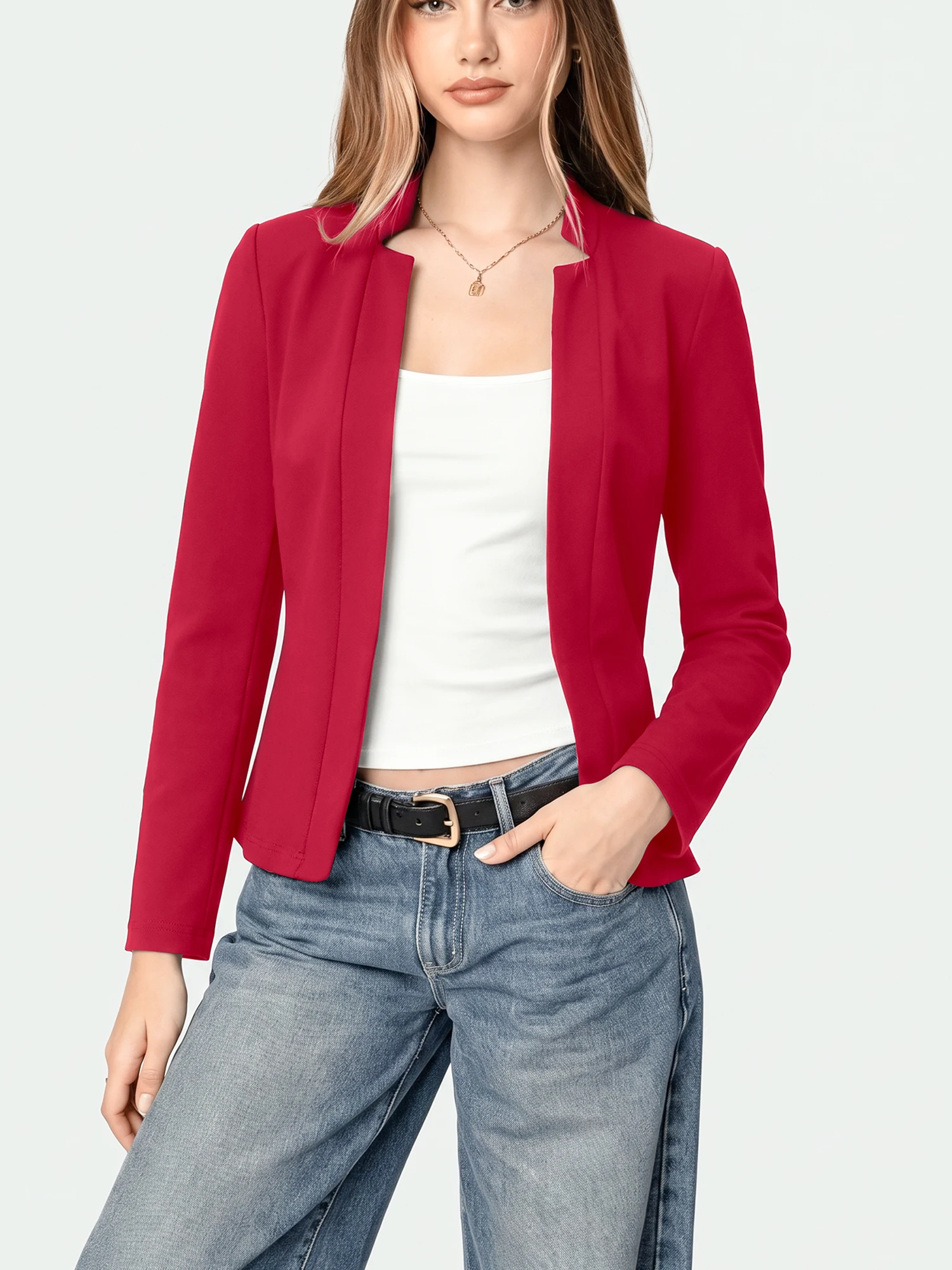 Chic Women Slim Mandarin Collar Blazer Long Sleeve Open Front Solid Color Commuter Outer Jacket For Work And Weekend Trip
