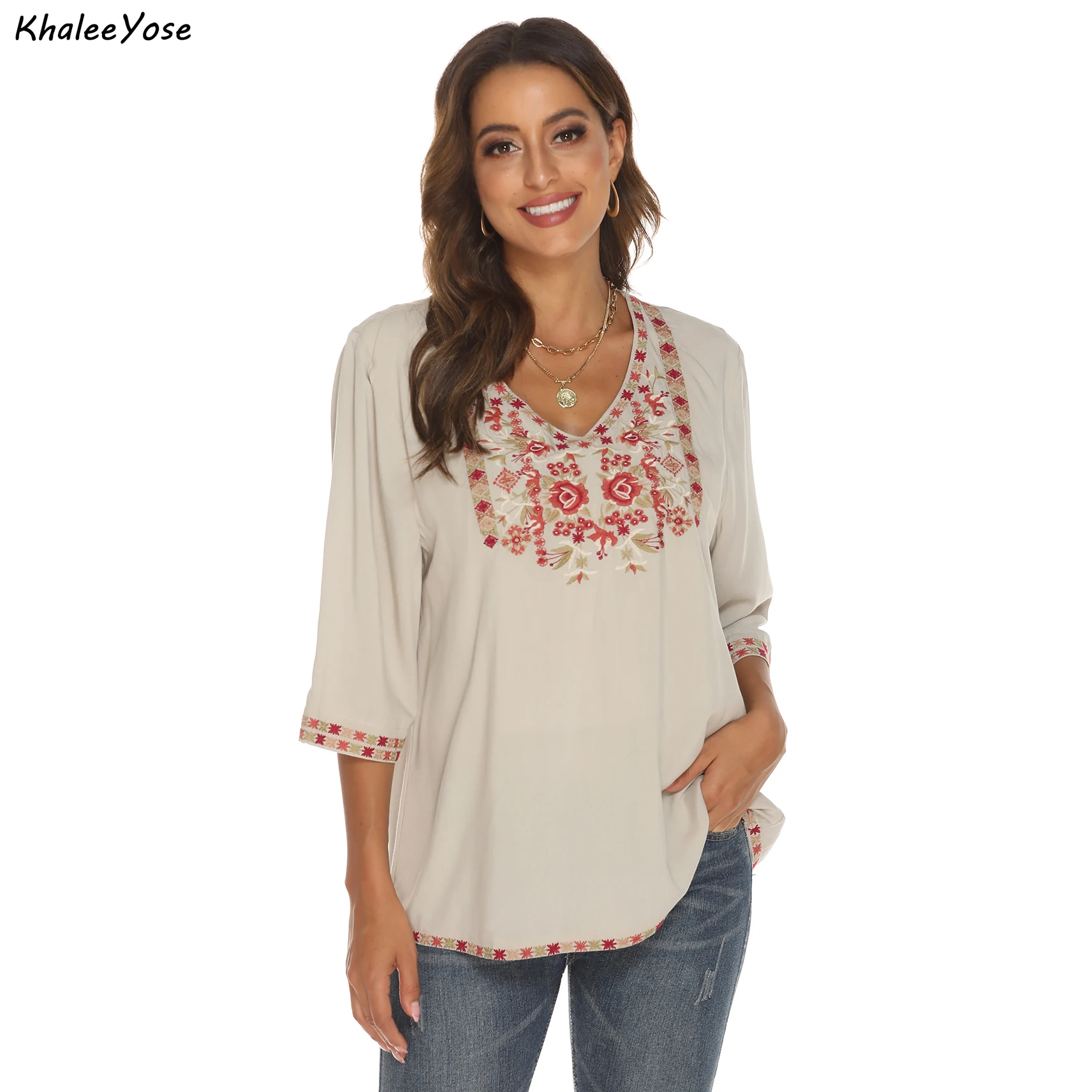 

KHALEE YOSE Floral Embroidery Blouse Shirts 100% Cotton Khaki Boho Vintage Mexican Blouse V-neck Women Ladies 2 3XL Ethnic Tops