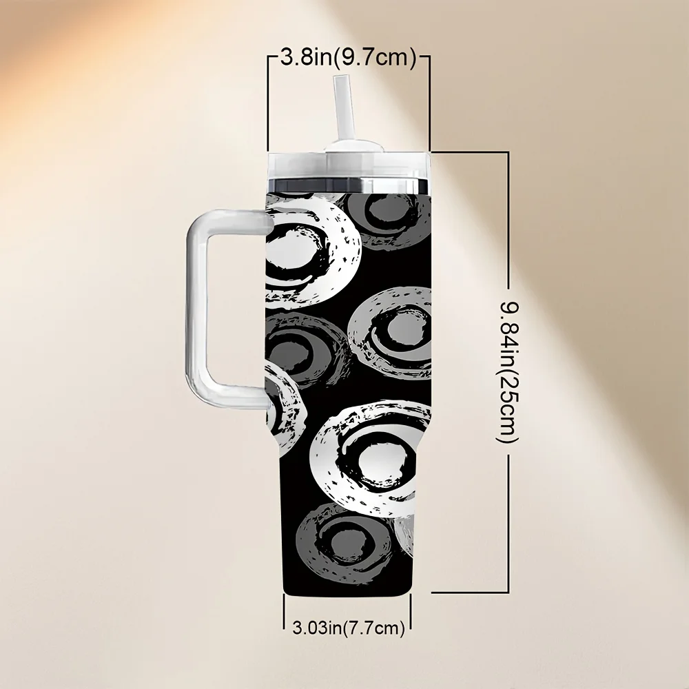 Abstract Brush Stroke Circle Pattern On Black Background Printed Portable Daily Travel Insulated Tumbler with Handle And Straw