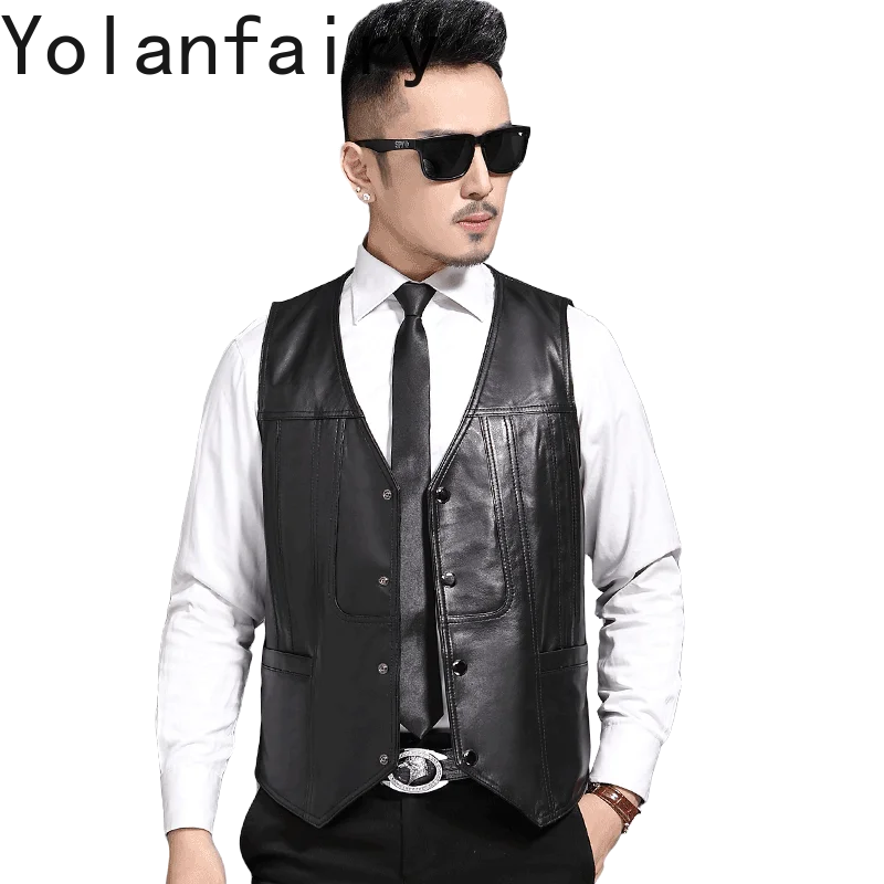 YOLANFAIRY 100% Genuine Leather Jacket Men Sleeveless Real Sheepskin Leather Vest Man Short Casual Black Waistcoat Veste Homme