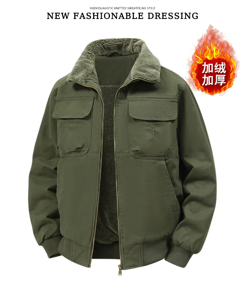 Men's Winter Jackets Plush Men's Cargo Jacket Fleece Parkas Lamb Fur Lining Men's Cold Jacket Thickening Motorcycle Jacket 3356