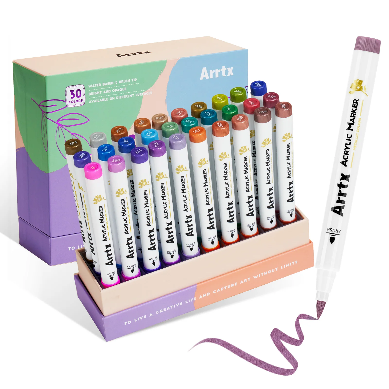 Arrtx 30 Colors Metallic Acrylic Paint Pens Brush Tip, Waterproof for Rock/Ceramic/Glass/Wood/Canvas/Mugs/Easter Eggs/DIY Crafts