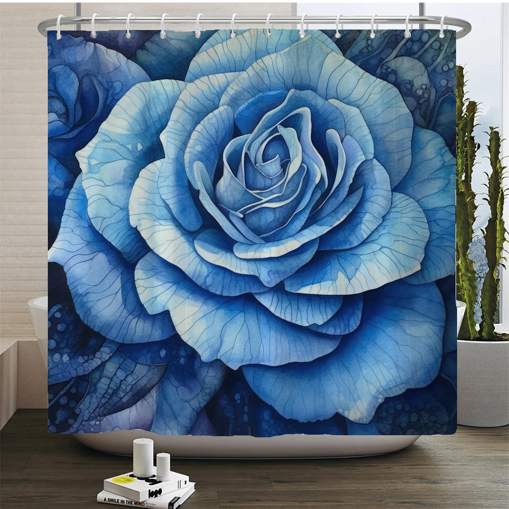 Blue Watercolor Rose Flowers Bathroom Curtain Fabric Flower Waterproof Shower Curtain Bathtub Curtains With Hooks Home Decor