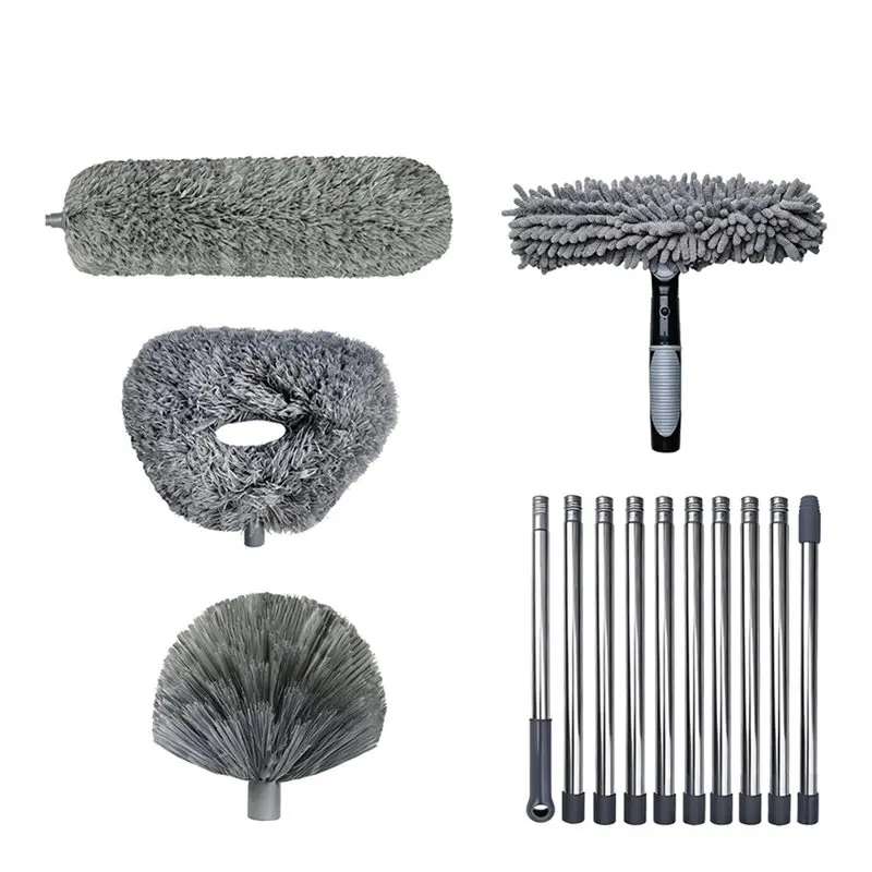 ABMH-Telescopic Pole With Corner Brush& Microfiber Feather Duster- Reach Ceiling Fan Duster Kit For Spider Webs And Ceilings