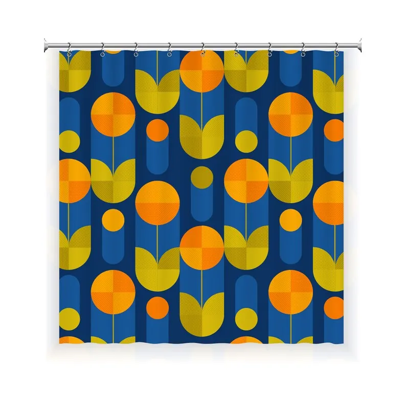 Geometric Tulip Shower Curtain with 12 Hooks Waterproof, Modern Bathroom Decor, Housewarming Gift