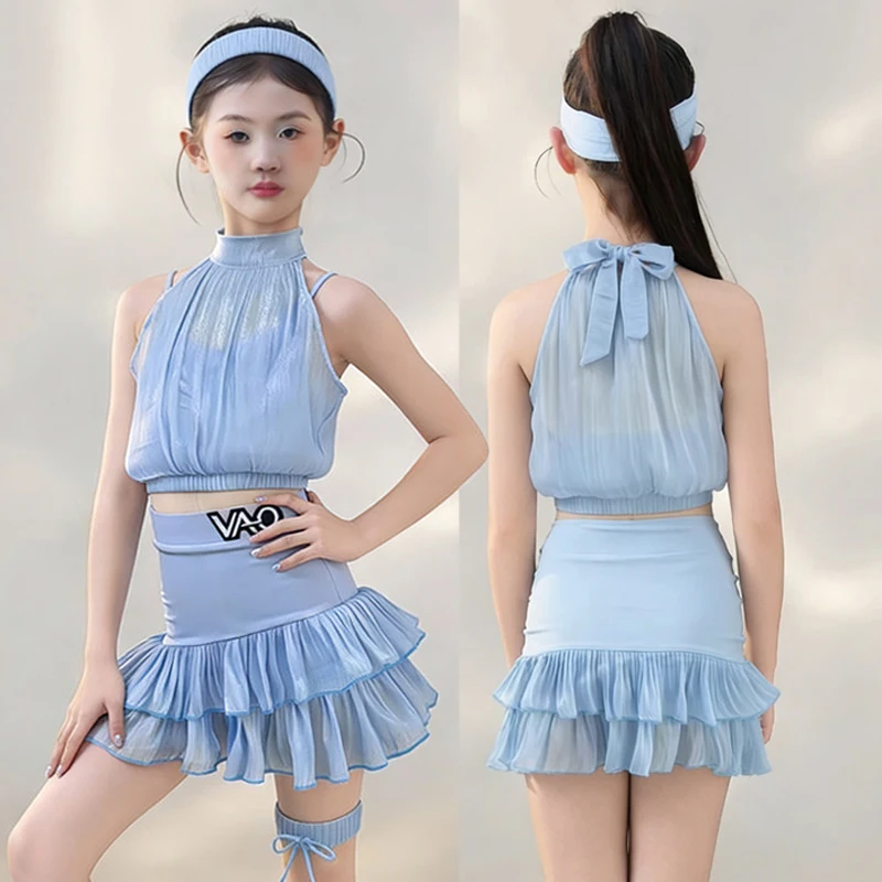 

Летняя детская одежда для латинских танцев, синий костюм для девочек, короткие топы без рукавов, юбка с рюшами, одежда для занятий танцами ча-ча-румба