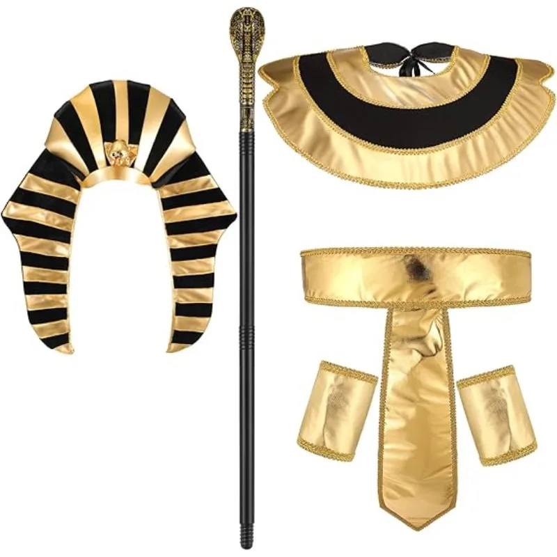 Egyptian Costume Accessory Set Pharaoh Hat Collar Egyptian Belt Cuffs Cobra Head Scepter for Men Halloween King Tut Cosplay