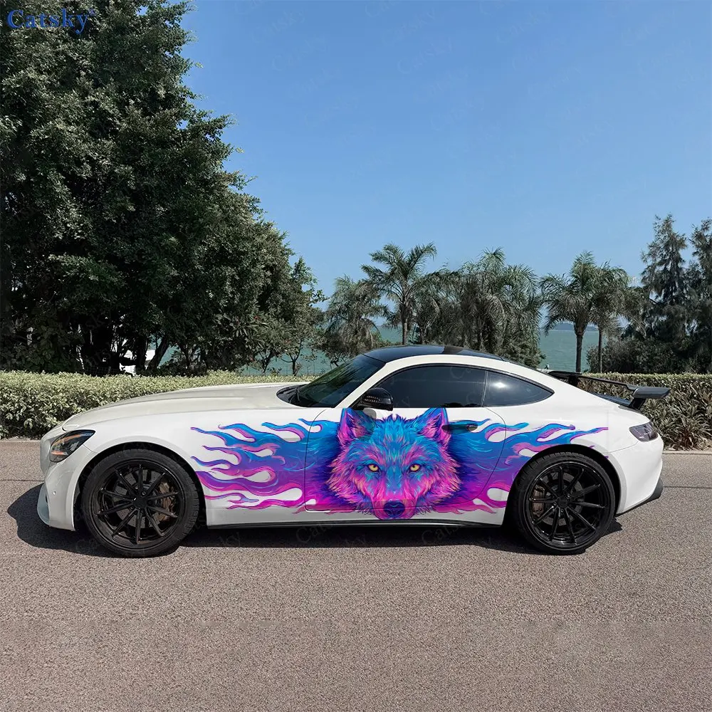 2pcs Streamer Mane Neon Wolf Car Side Wraps, Self-Adhesive PVC Waterproof & Scratch-Resistant Stickers, Car Accessory Gift