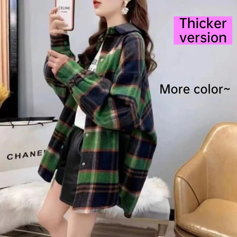 POLO-kraag gepolijst verdikt groen geruit overhemd dames losse middellange herfst en winter nieuwe Hong Kong veelzijdige jas