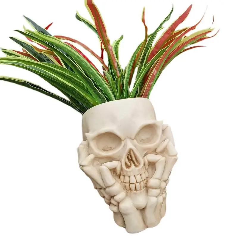 Skull Head Statue Planter Pot For Gothic Plants Home Decor Skeleton Goth Pen & Brush Holder Skull Resin Plant Pot Flower Punk