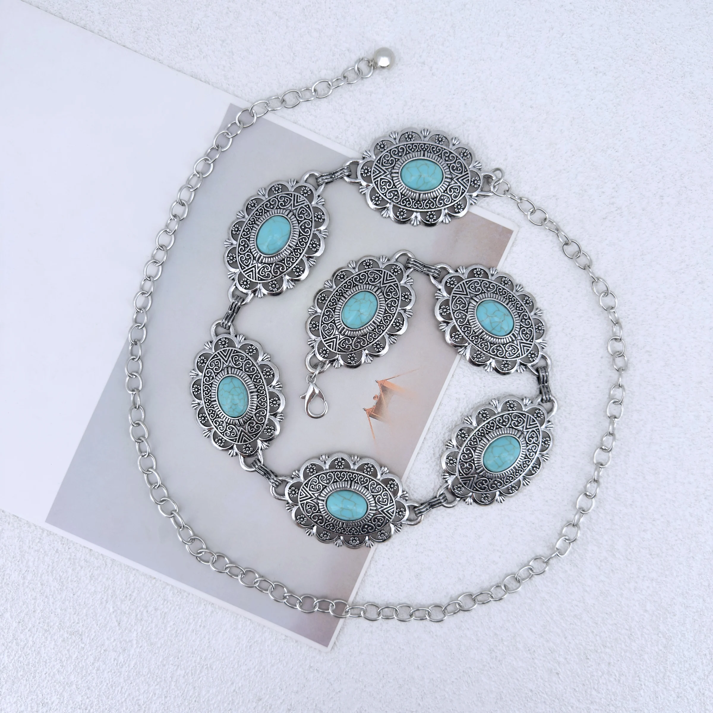 النمط الغربي البوهيمي العرقي القديم لون القصدير البيضاوي مطعمة نمط الفيروز مع السراويل الغربية تنورة سلسلة الخصر للسيدات