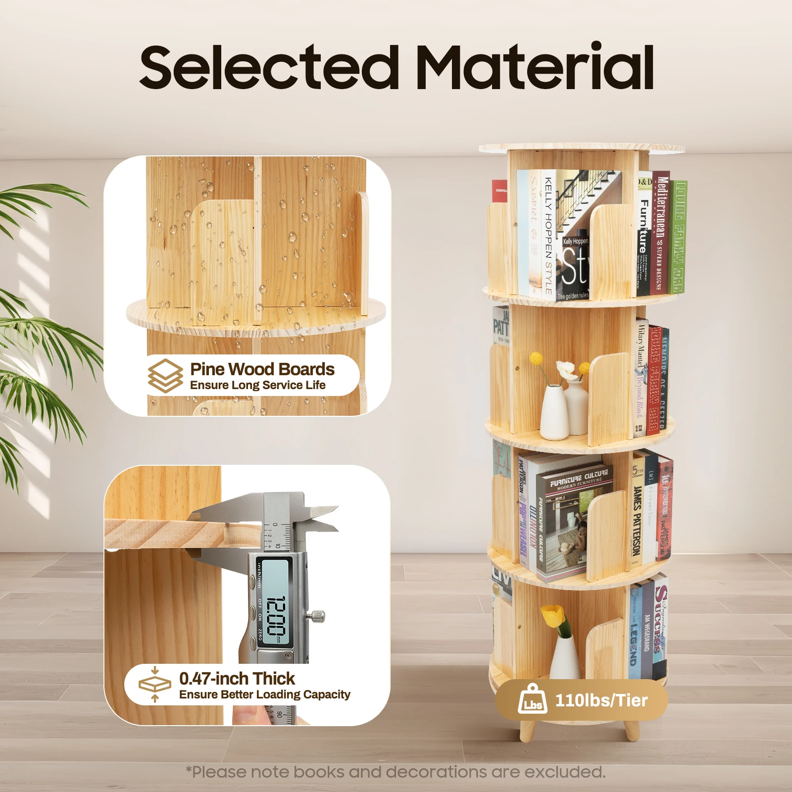 

4 Layers Cylindrical Rotating Bookshelf Pine Wood Floor Standing Bookcase Multi-Functional Display Rack for Children's Room