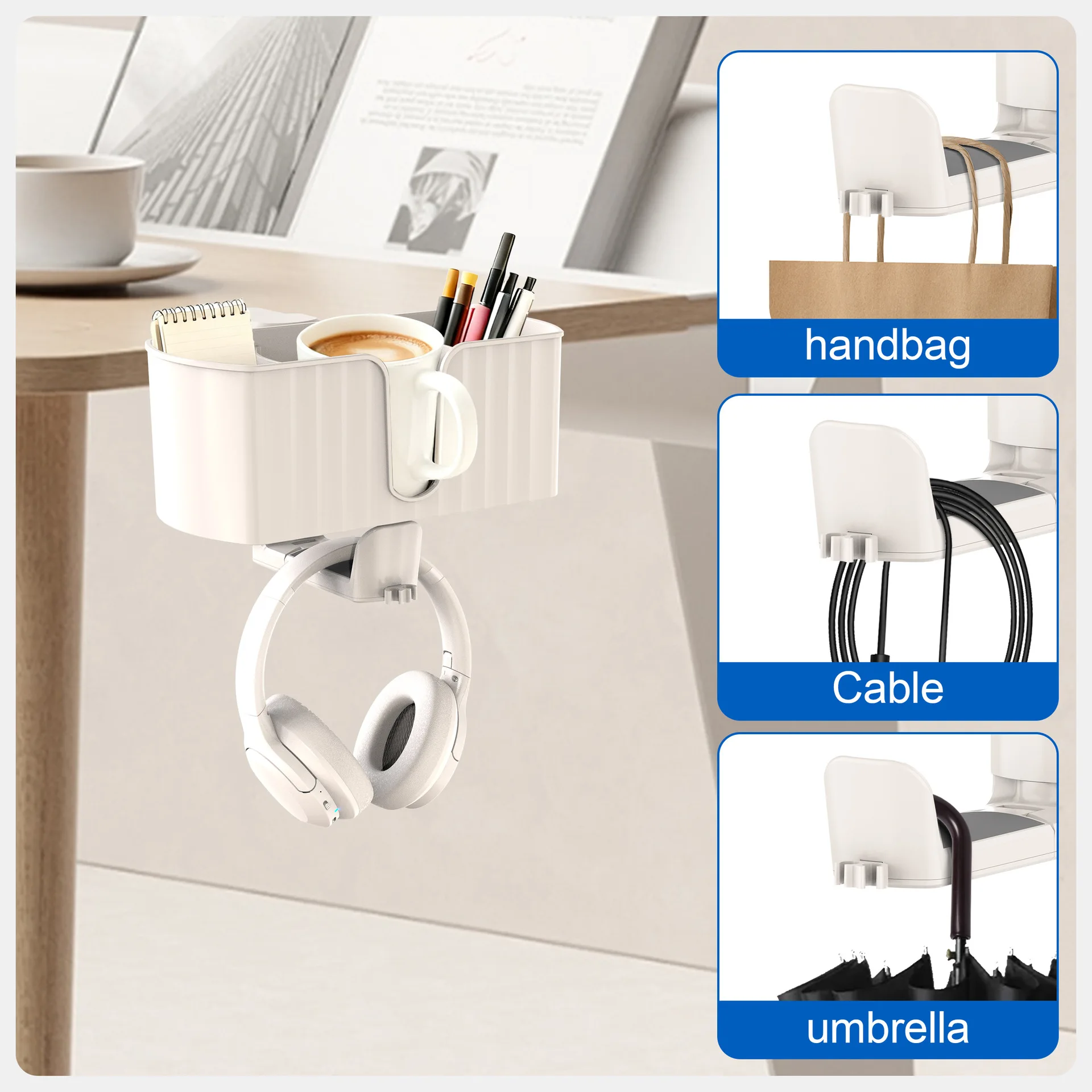 Multifunctional Desk Organizer Clip-on Removable Pen Cup Holder Headphone Stand Detachable Divider Storage Box for Office Study