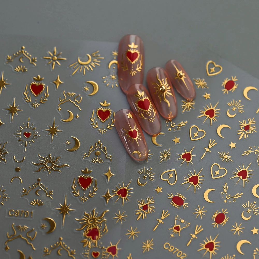 4 Uds. De pegatinas metálicas doradas y plateadas para decoración de uñas, sol/estrella/luna, bronceado 3D, láser, corazón rojo, calcomanías para uñas, 8x10cm, adhesivo para uñas