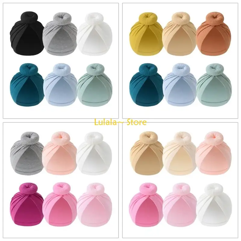 

Y4QA 6pcs Bun Knot Caps Nursery Hospital Turban Hat Infant Bonnet Caps Solid Color Headwrap for Baby Newborn