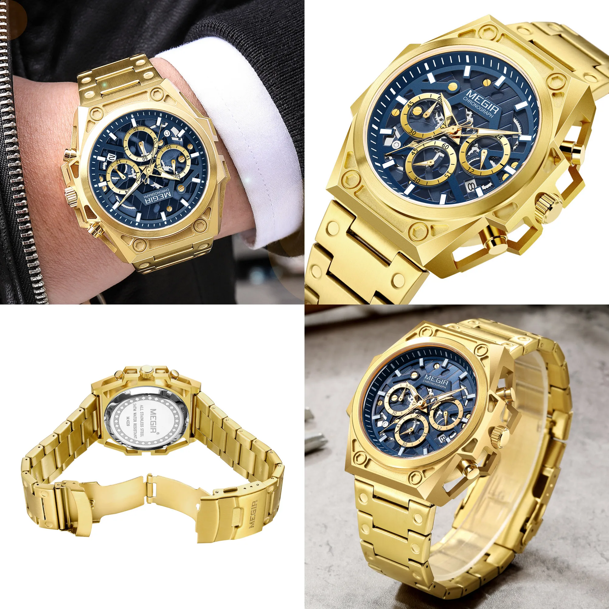 MEGIR Luxury Business Watches for Mens New Stainless Steel Quartz Wrist Watch Calendar Luminous Clock Man Watches Reloj Hombre