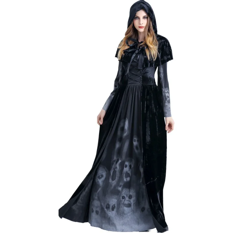 أزياء الهالوين الجديدة Sle Long Dr Witch مع ثوب بقلنسوة مطبوع عليه جمجمة ملابس نسائية تقليدية للمسرح
