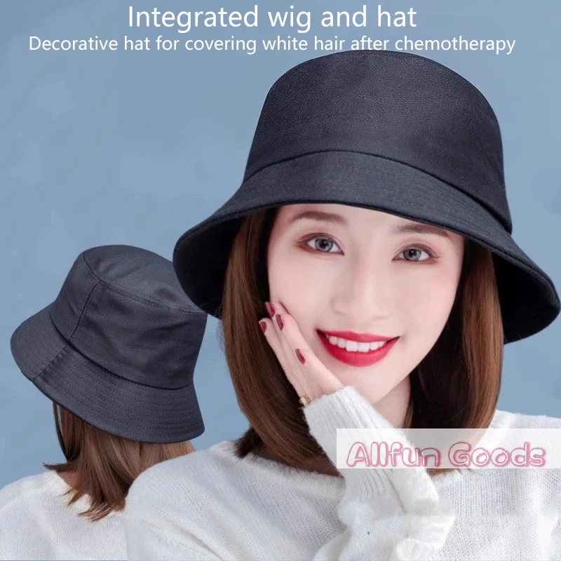 [TG835]Bucket Hat Synthetic With Hair Cap Fashion Short Straight Bob Fall Autumn Hat Wigs For Women Clip On Hair Extensions