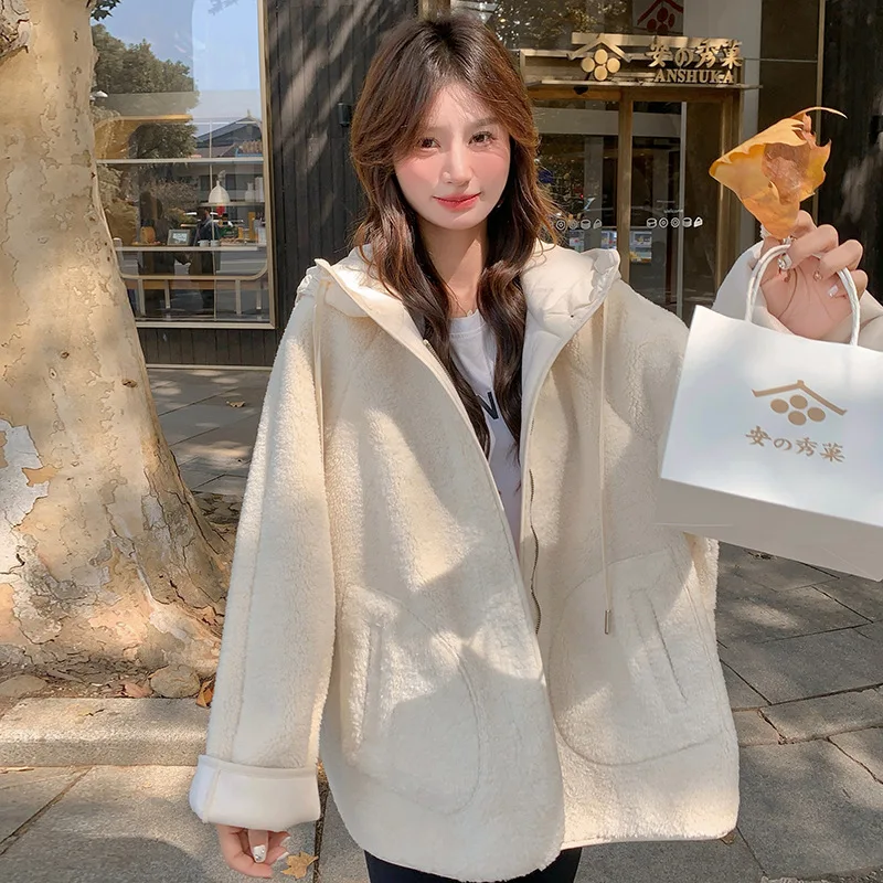 

Winter Thickened Fleece Casual Loose Short Style Cotton Jacket Korean Style Women Warm Hooded Lamb Fur Collar Outerwear