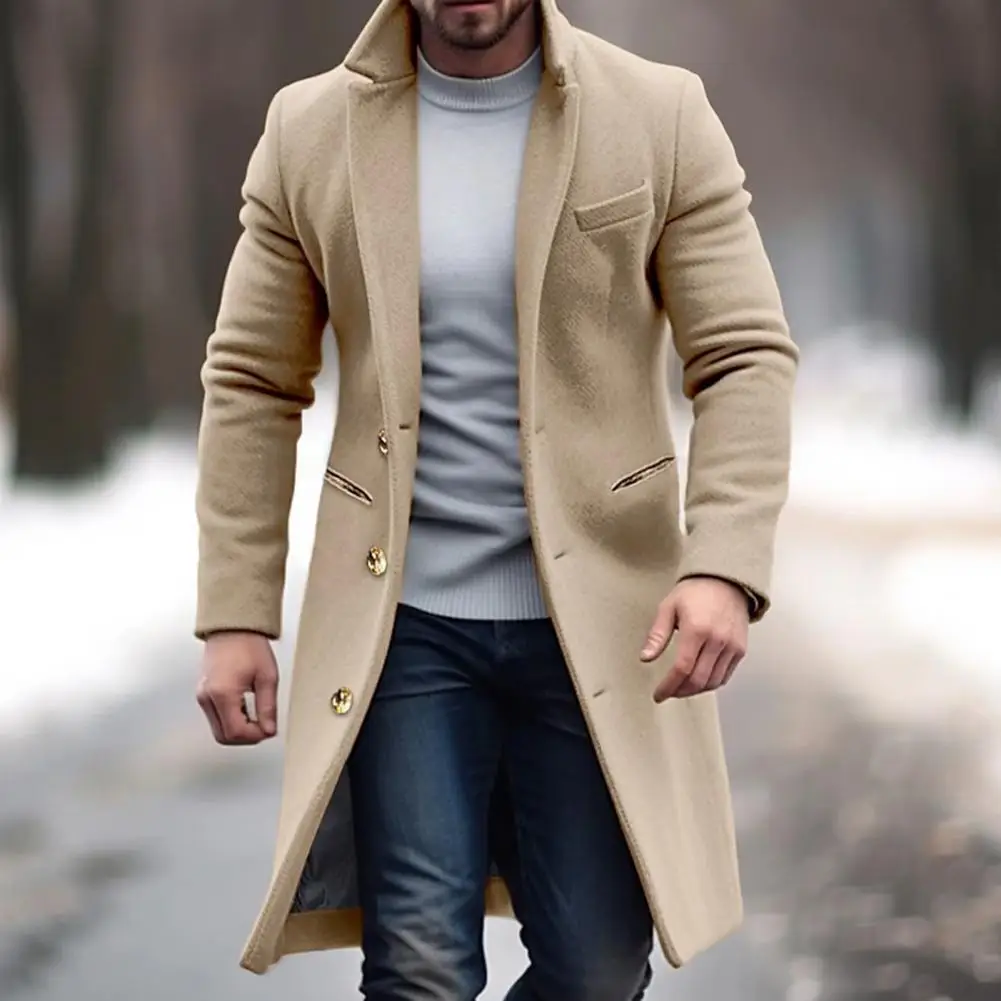 Abrigo versátil de lana para hombre, chaqueta elegante de manga larga con bolsillos de solapa, botonadura única, Color sólido, para invierno