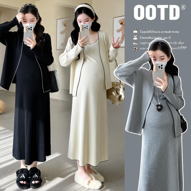 

Наряд для беременных во французском стиле 2025 года, осенний кардиган с цветными блоками и трикотажное платье-комбинация, элегантный комплект из двух предметов для беременных, роскошный комплект